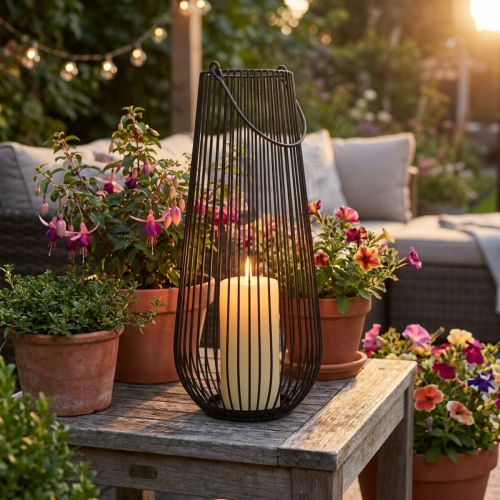 Portacandele lanterna decorativa nera con manico Ø22cm H52cm | Floristik24.it