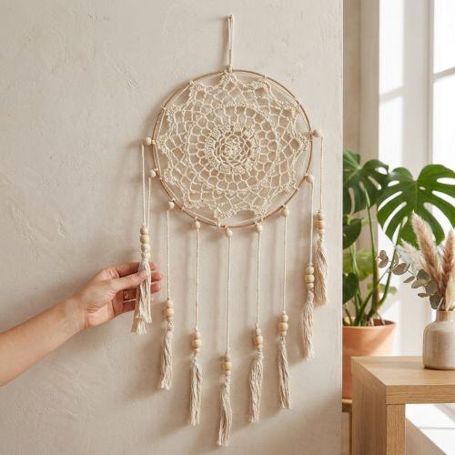 Acchiappasogni in macramè, decorazione da parete Boho Chic, fatto a mano, color crema, Ø22 cm, altezza 54 cm | Floristik24.it