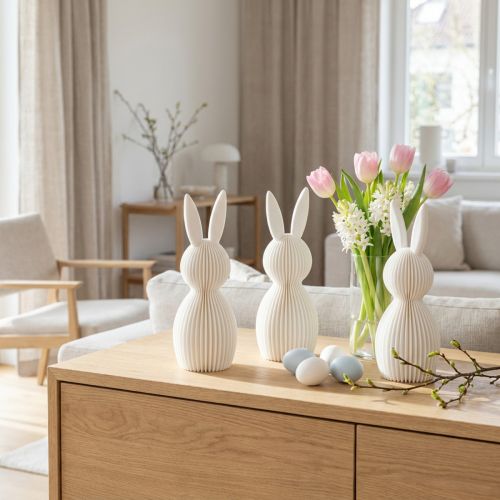 Statuina decorativa a forma di coniglio con aspetto piegato per un arredamento moderno, soggiorno o ufficio, 13 cm, 3 pezzi | Floristik24.it