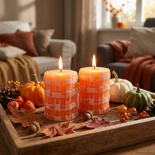 Candele rustiche a colonna, arancioni, 80/65, autoestinguenti, set da 2, decorazione vintage | Floristik24.it