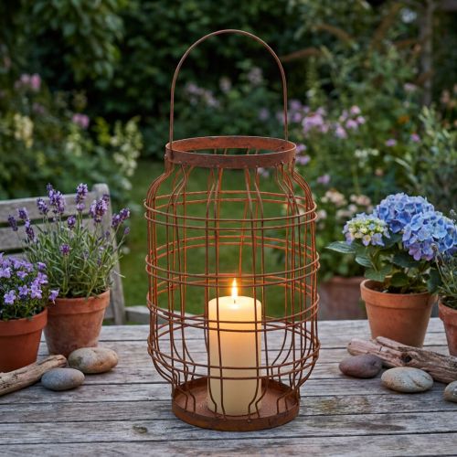 Lanterna da giardino, in metallo, finitura arrugginita, con manico, stile vintage, Ø19,5 cm | Floristik24.it