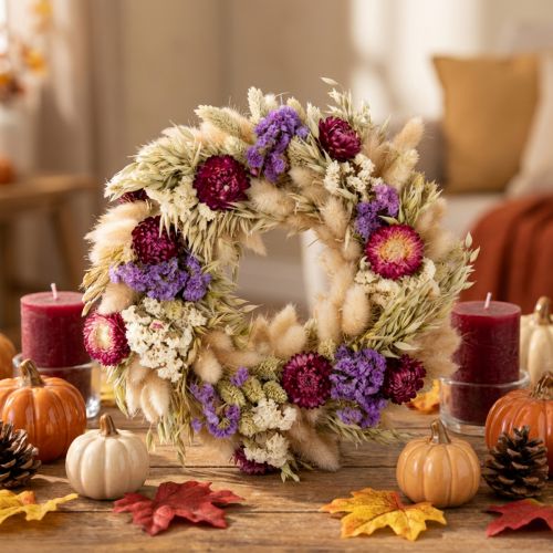 Prodotto Ghirlanda di fiori secchi, decorazione festiva per la tavola, ideale per occasioni e stagioni speciali, 25 cm.