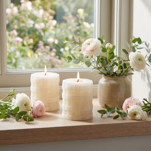 Prodotto Candele a colonna rustiche bianche 80/65, set di 2 decorazioni vintage sicure