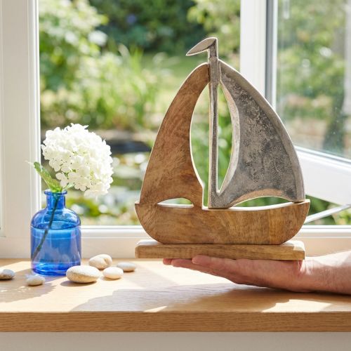 Decorazione veliero in legno di mango argento naturale 25,5x4x28,5 cm | Floristik24.it