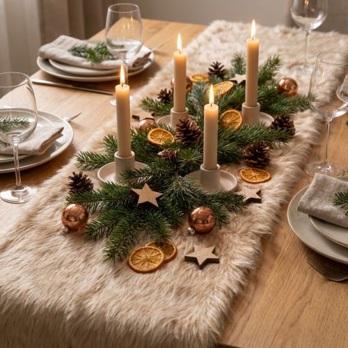 Prodotto Runner da tavola beige con bordo in pelliccia sintetica, 24x140 cm