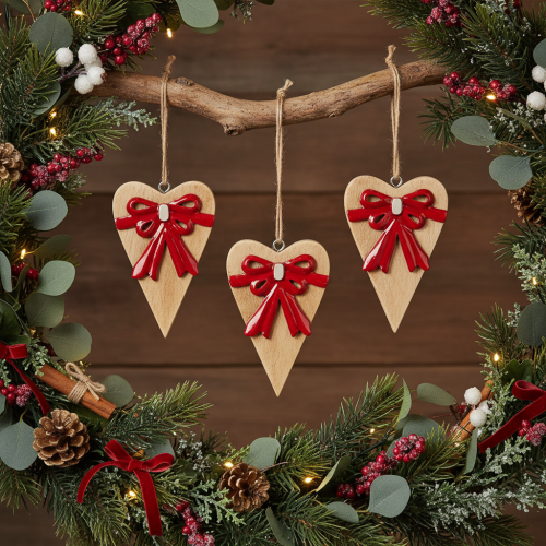 Cuore in legno con fiocco, cuore da appendere, 14 cm, 3 pezzi | Floristik24.it