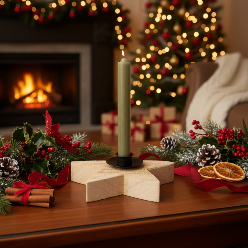 Portacandele rustico in legno a forma di stella per candele affusolate, 16 cm | Floristik24.it