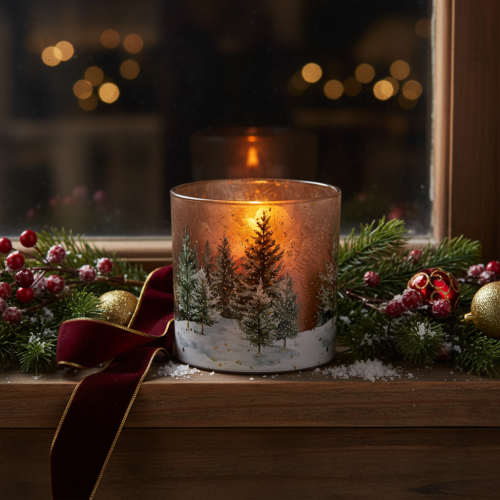 Prodotto Portacandele in vetro con decorazione a tema foresta di abeti, ideale per l'inverno, 15 cm.