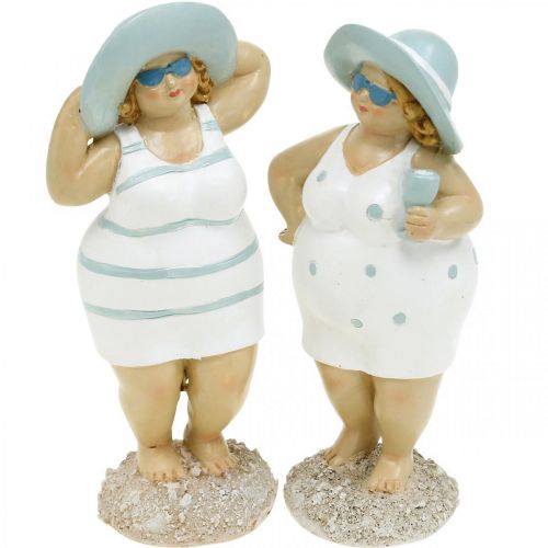 Floristik24 Figura decorativa donne sulla spiaggia, decorazione estiva, figure da bagno con cappello blu/bianco H15/15,5 cm set di 2