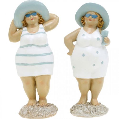 Floristik24 Figura decorativa donne sulla spiaggia, decorazione estiva, figure da bagno con cappello blu/bianco H15/15,5 cm set di 2