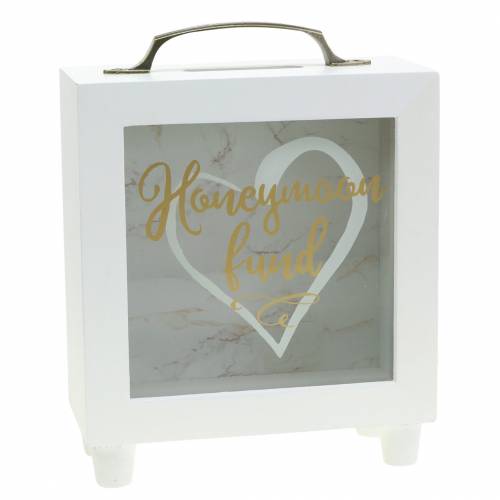Salvadanaio da matrimonio &quot;Honeymoon Fund&quot; in legno con frontale in vetro bianco H15m