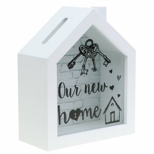 Floristik24 Scatola risparmio &quot;La nostra nuova casa&quot; legno vetro bianco 15x7cm H18cm