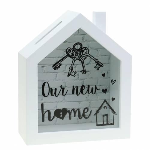 Floristik24 Scatola risparmio &quot;La nostra nuova casa&quot; legno vetro bianco 15x7cm H18cm