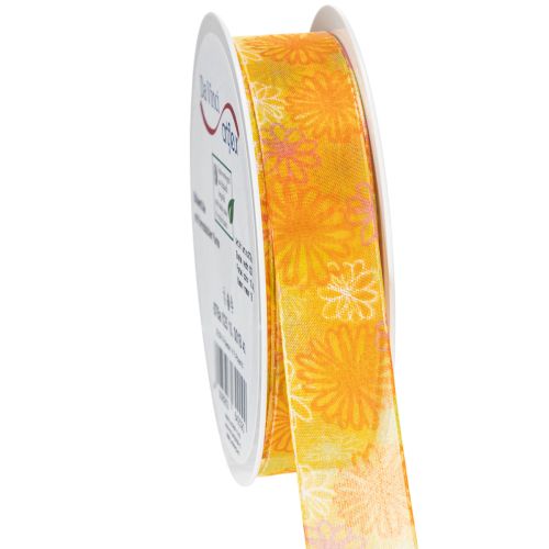 Floristik24 Nastro regalo in organza con motivo floreale, giallo/arancione, 25 mm x 18 m