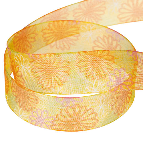Prodotto Nastro regalo in organza con motivo floreale, giallo/arancione, 25 mm x 18 m
