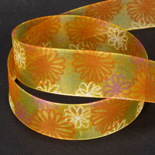 Prodotto Nastro regalo in organza con motivo floreale, giallo/arancione, 25 mm x 18 m