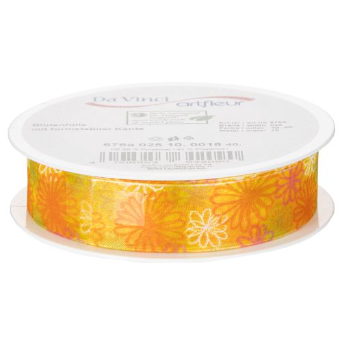 Prodotto Nastro regalo in organza con motivo floreale, giallo/arancione, 25 mm x 18 m
