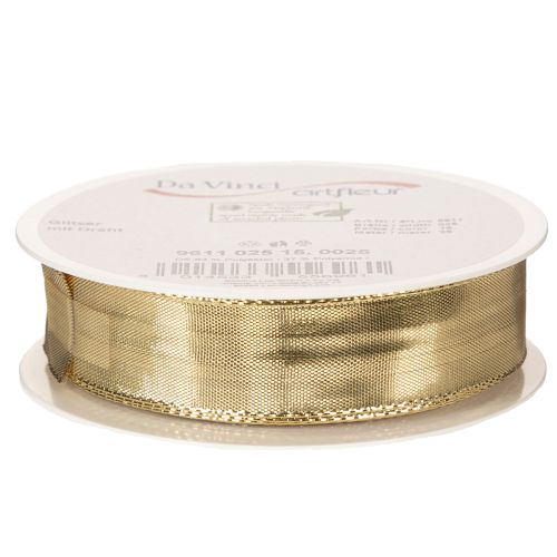 Nastro regalo dorato con bordo in filo metallico, largo 25 mm, lungo 25 m. | Floristik24.it