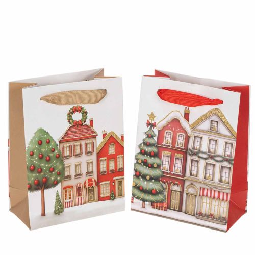 Sacchetto regalo natalizio con casette e albero di Natale, 16 cm, 2 pezzi acquistare | Floristik24.it
