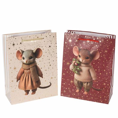 Sacchetto regalo con motivo di topo e stelle per Natale, 24 cm, 2 pezzi