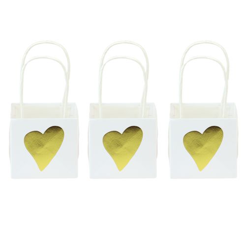 Sacchetti regalo con cuori e manici oro bianco 10,5 cm 12 pz