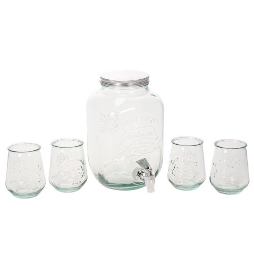 Set dispenser in vetro con rubinetto e 4 bicchieri H25,5cm