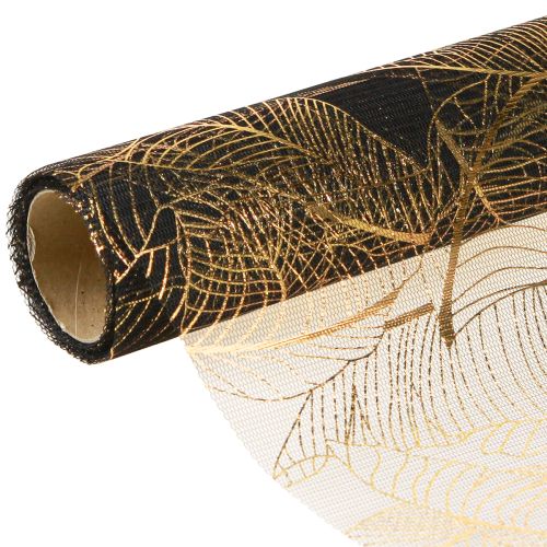 Prodotto Runner da tavolo in organza nero-oro – elegante rotolo di tessuto decorativo con motivo a foglie 48 x 450 cm
