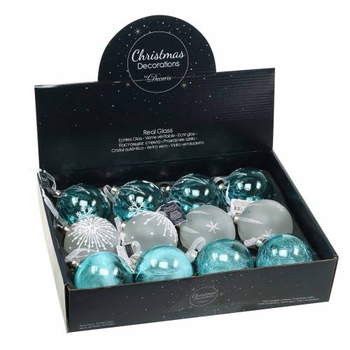 Floristik24 Palla di Natale in vetro blu, bianco Ø8cm assortiti 12 pezzi