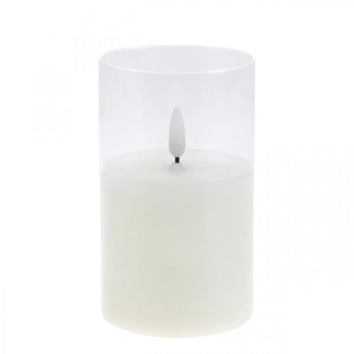 Candela LED in vetro con effetto fiamma, candela da interno bianco caldo, LED con timer, funzionamento a batteria Ø7,5 H12,5cm
