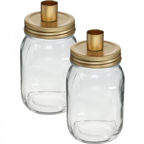 Floristik24 Vetro decorativo con portacandele coperchio in metallo dorato Ø8,5cm H16cm 2pz