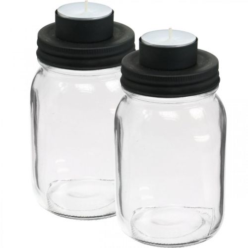 Floristik24 Vetro decorativo con portacandela coperchio in metallo nero Ø8,5cm H15cm 2pz