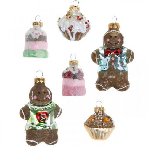 Floristik24 Ciondoli in vetro omino di pan di zenzero e cupcakes, mix di decorazioni per l&#39;albero di Natale, panetteria natalizia H4 / 8cm vero vetro 6 pezzi