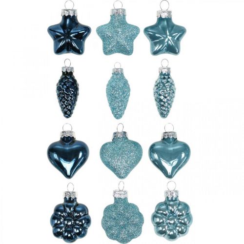 Floristik24 Mini decorazioni per l'albero di Natale mix di vetro blu, glitter assortiti 4cm 12 pezzi