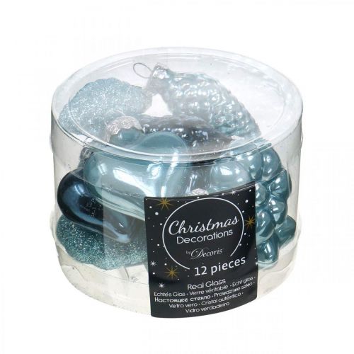 Floristik24 Mini decorazioni per l'albero di Natale mix di vetro blu, glitter assortiti 4cm 12 pezzi