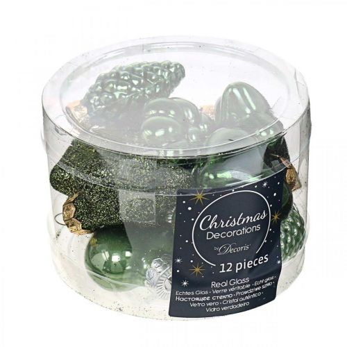 Floristik24 Mini decorazioni per alberi di Natale mix decorazioni natalizie in vetro verde assortite 4cm 12 pezzi