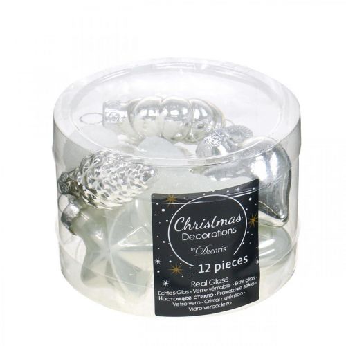 Floristik24 Mini decorazioni per l'albero di Natale mix di vetro bianco, argento assortiti 4cm 12 pezzi