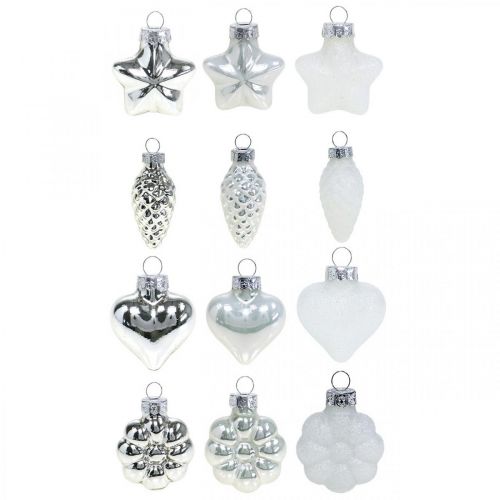 Floristik24 Mini decorazioni per l'albero di Natale mix di vetro bianco, argento assortiti 4cm 12 pezzi