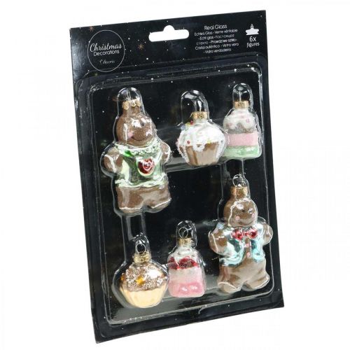 Ciondoli in vetro omino di pan di zenzero e cupcakes, mix di decorazioni per l'albero di Natale, panetteria natalizia H4 / 8cm vero vetro 6 pezzi