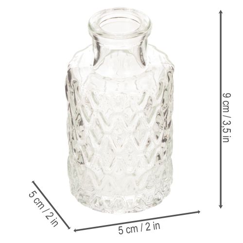 Mini vaso in vetro con motivo a rombi, piccolo vaso da tavolo, bottiglia, trasparente, 9 cm, 6 pezzi | Floristik24.it