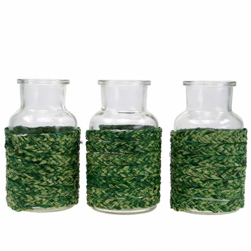 Floristik24 Bottiglia in vetro con rafia verde H12,5cm 3pz