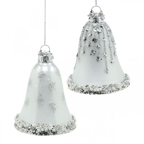 Campane di Natale, decorazioni per l'albero di Natale, campane  di vetro Ø6,5 cm H8 cm bianco set di 2-120594