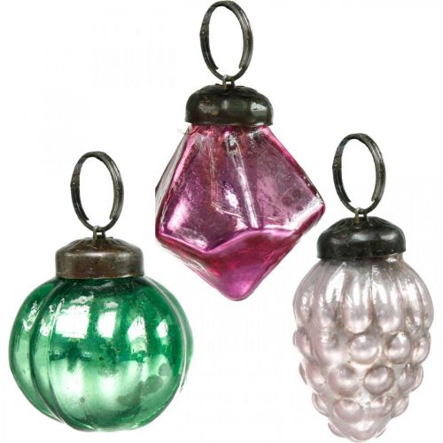 Floristik24 Miscela di sfere di vetro, diamante/sfera/cono in vero vetro, aspetto antico Ø3–3,5 cm H4,5–5,5 cm 9 pezzi