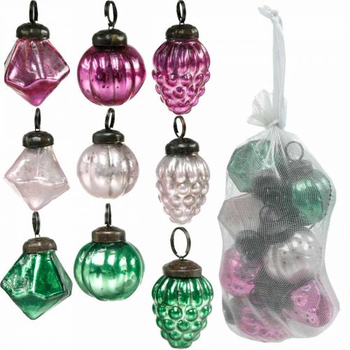 Floristik24 Miscela di sfere di vetro, diamante/sfera/cono in vero vetro, aspetto antico Ø3–3,5 cm H4,5–5,5 cm 9 pezzi