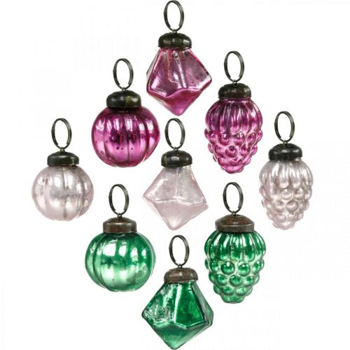 Miscela di sfere di vetro, diamante/sfera/cono in vero vetro, aspetto antico Ø3–3,5 cm H4,5–5,5 cm 9 pezzi
