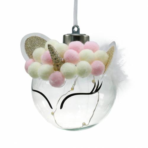 Floristik24 Pallina di Natale unicorno con catena luminosa a LED colori caramella, vetro trasparente, pompon Ø8cm Per batterie