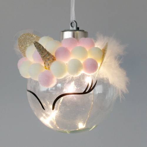 Prodotto Pallina di Natale unicorno con catena luminosa a LED colori caramella, vetro trasparente, pompon Ø8cm Per batterie