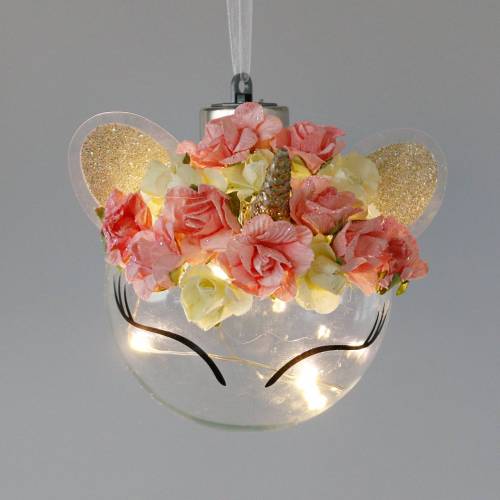Floristik24 Pallina di Natale unicorno con catena luminosa a LED e fiori giallo, rosso, vetro trasparente, rose di carta Ø8cm Per batterie