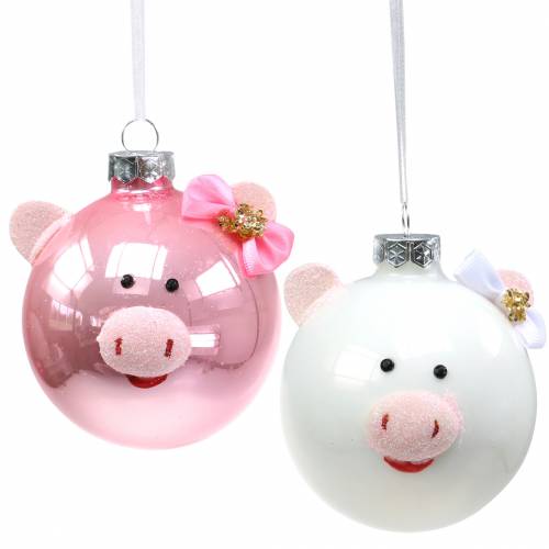 Floristik24 Decorazione albero di natale pallina di vetro maialino rosa/bianco Ø8cm 2pz