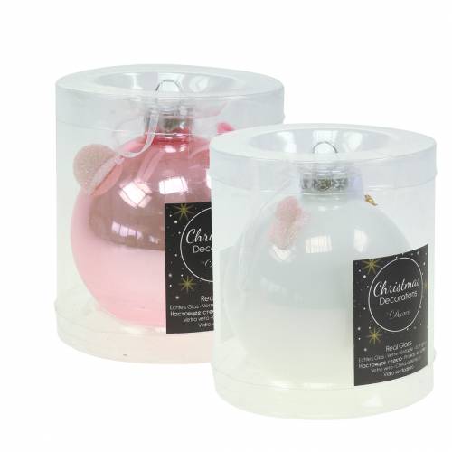 Floristik24 Decorazione albero di natale pallina di vetro maialino rosa/bianco Ø8cm 2pz