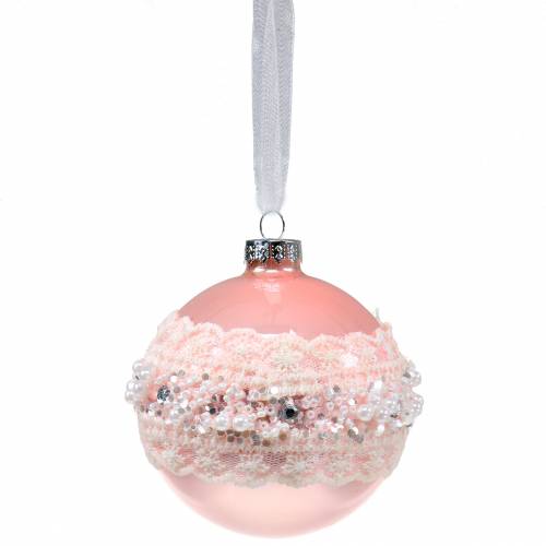 Floristik24 Sfera di vetro rosa con pizzo e perle 3pz